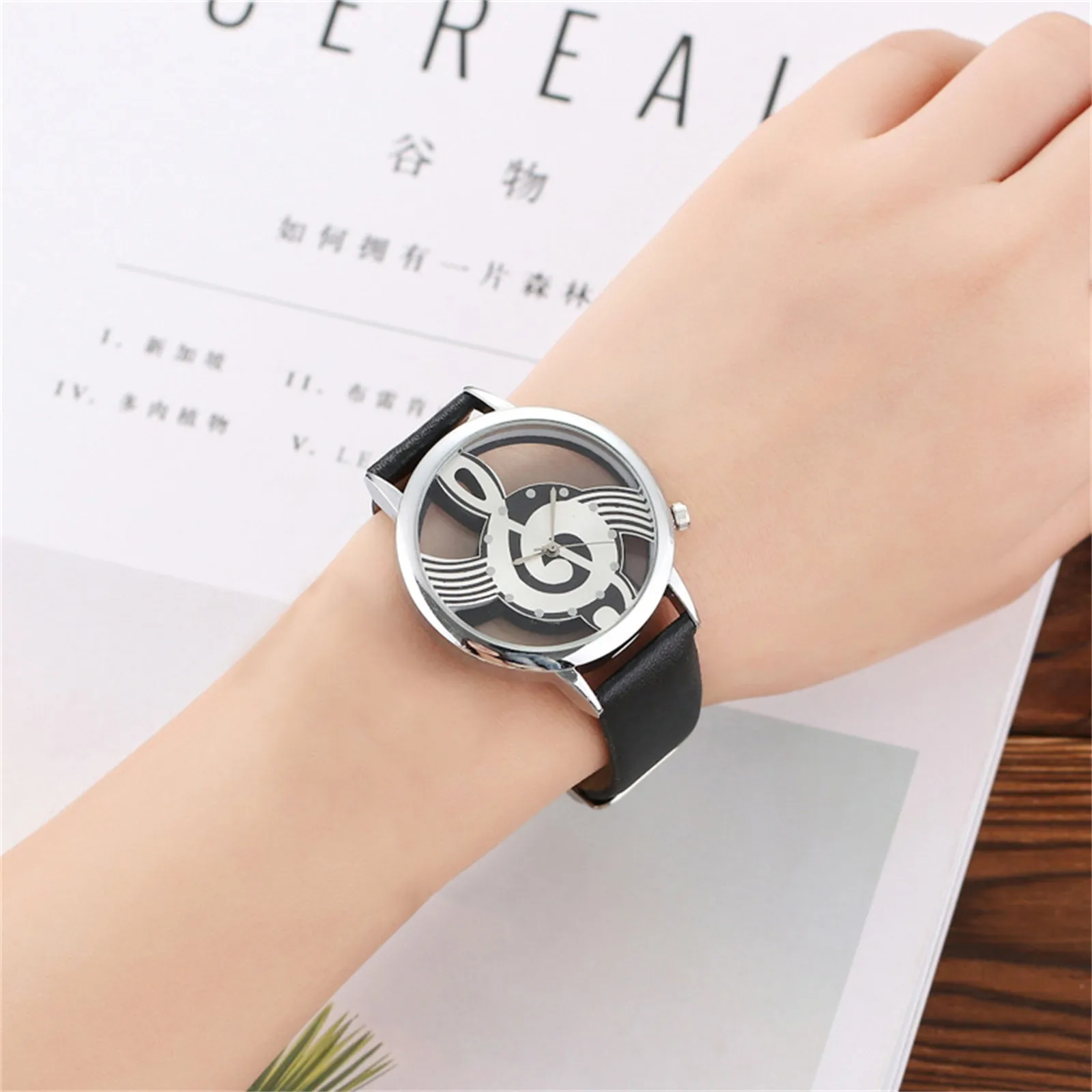 Hollow Out Dial Leather Strap Quartz Watch Clothing Accessories Music Score Casual And Business No Waterproof Ladies Watch