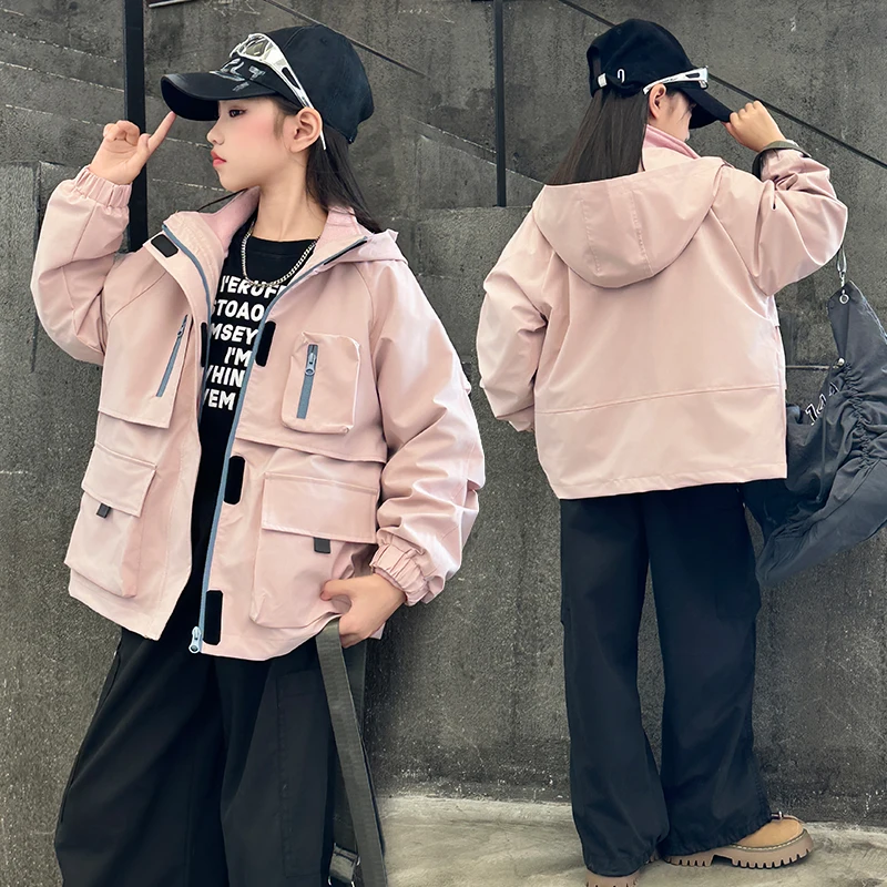 Kids Hooded Jacket Ages 4-14Y Girl Two-Pieces Outfit Toddler Child Sporty Outwear Child Sporty Style Spring Autumn Warm Jacket