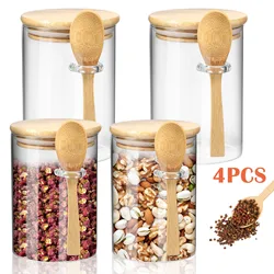 4Pcs Airtight Glass Jars With Lids And Spoons Clear Hermetic Containers for Food Storage Pots Glass Jar for Coffee Cereal Spices