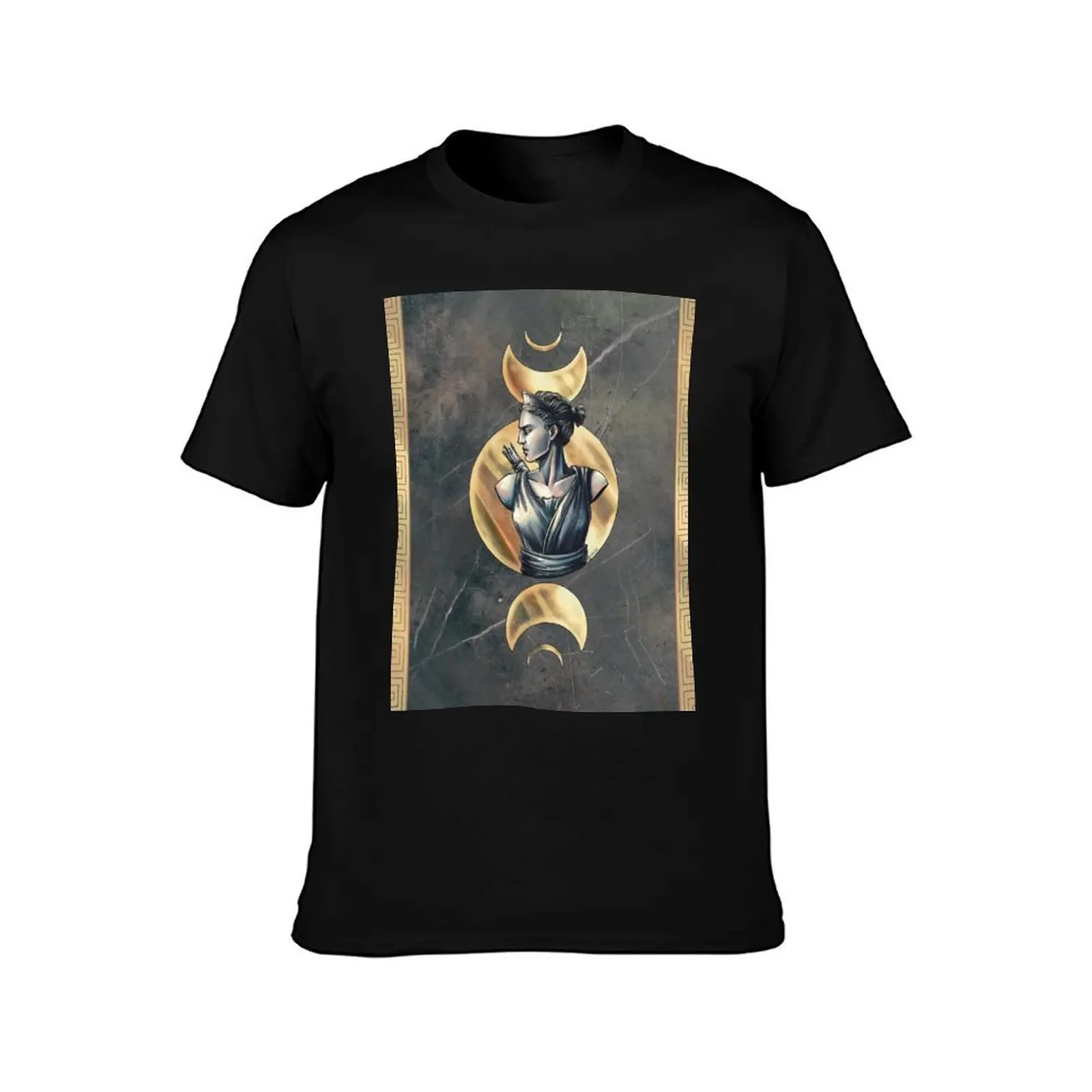 Artemis Moon Goddess Black Marble Gold T-Shirt, Summer Casual Cotton Tee, Oversized Streetwear Tops, Vintage Graphic Print