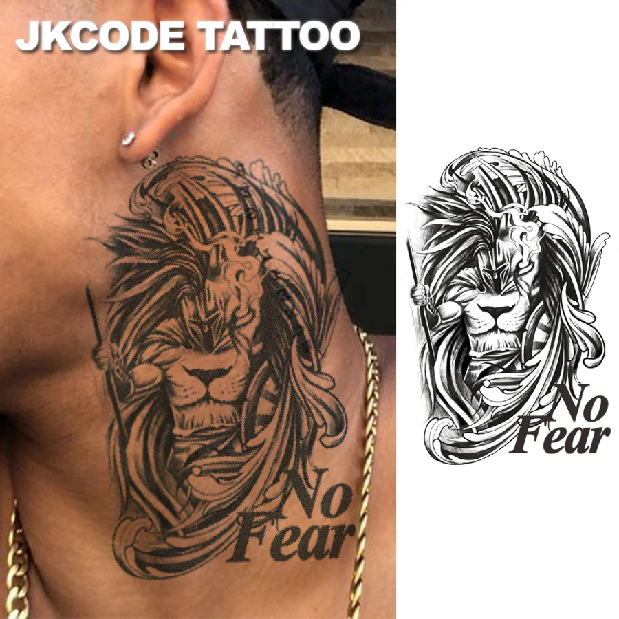 Herbal Tattoo Lion Totem - Roman Mythology Brave Fighting Lion Warrior Totem - English NO FEAR - Lion Head Pattern Temporary Tattoo Cool Style for Men and Women - Multi-use Tattoo for Neck, Hands, Back, Legs - Long-lasting Waterproof for 15 Days