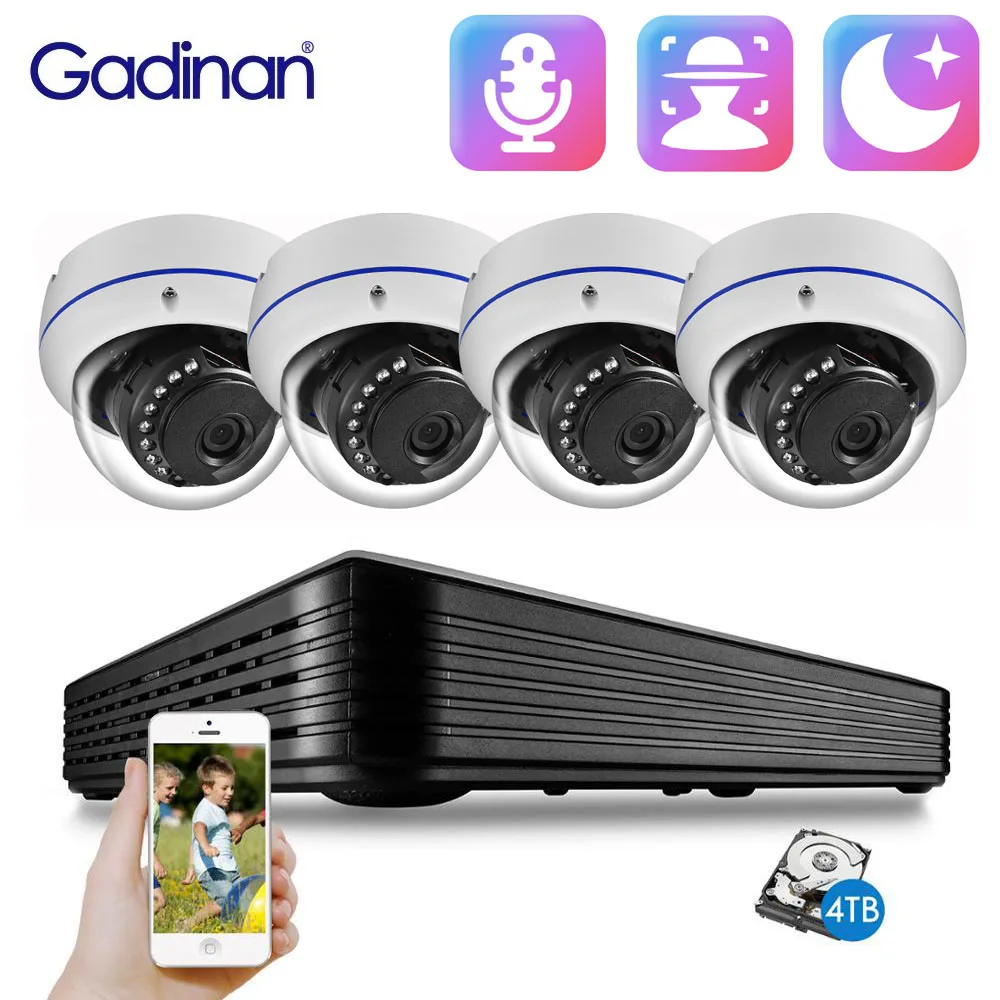 Gadinan 5MP POE Motion Detection Security NVR Kit H.265AI Outdoor Audio IP Cameras P2P Intelligent Infrared Night Vision XMEye