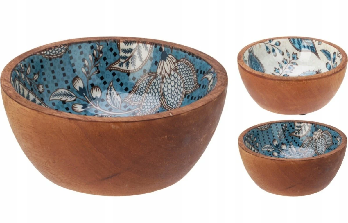 12x12x5 cm mangohouten kom met decoratief en naturel blauw patroon 1 st