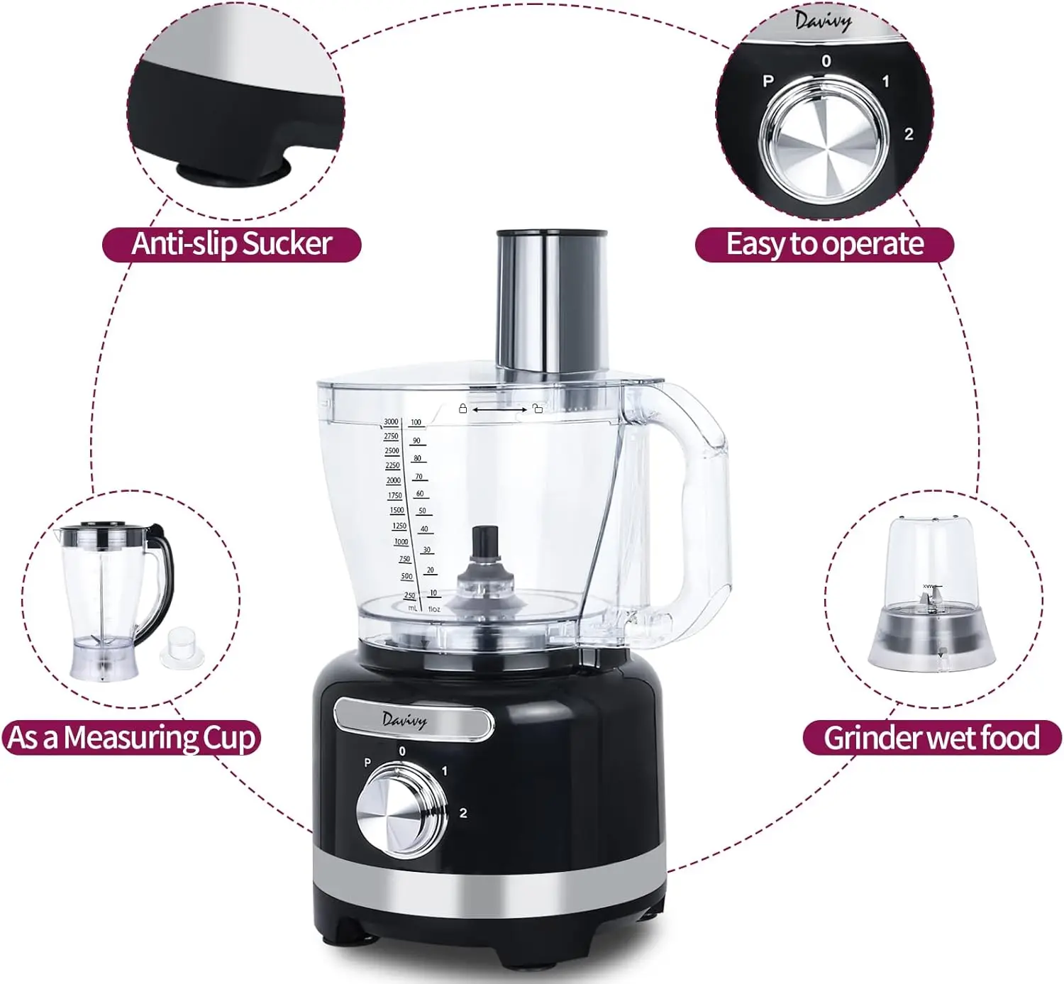 Davivy 16 Kopje Keukenmachine Blender Combo,10-In-1 Multifunctionele 3,8l Voedselhakmachine 7 Kopje Blender 1 Kopje Natte Molen, 600W