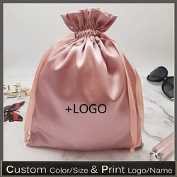 Custom Logo silk satin Drawstring Bags Extenssions HandBag Cosmetic Shoes Travel storage Home storage Package Bag 50pcs/lot
