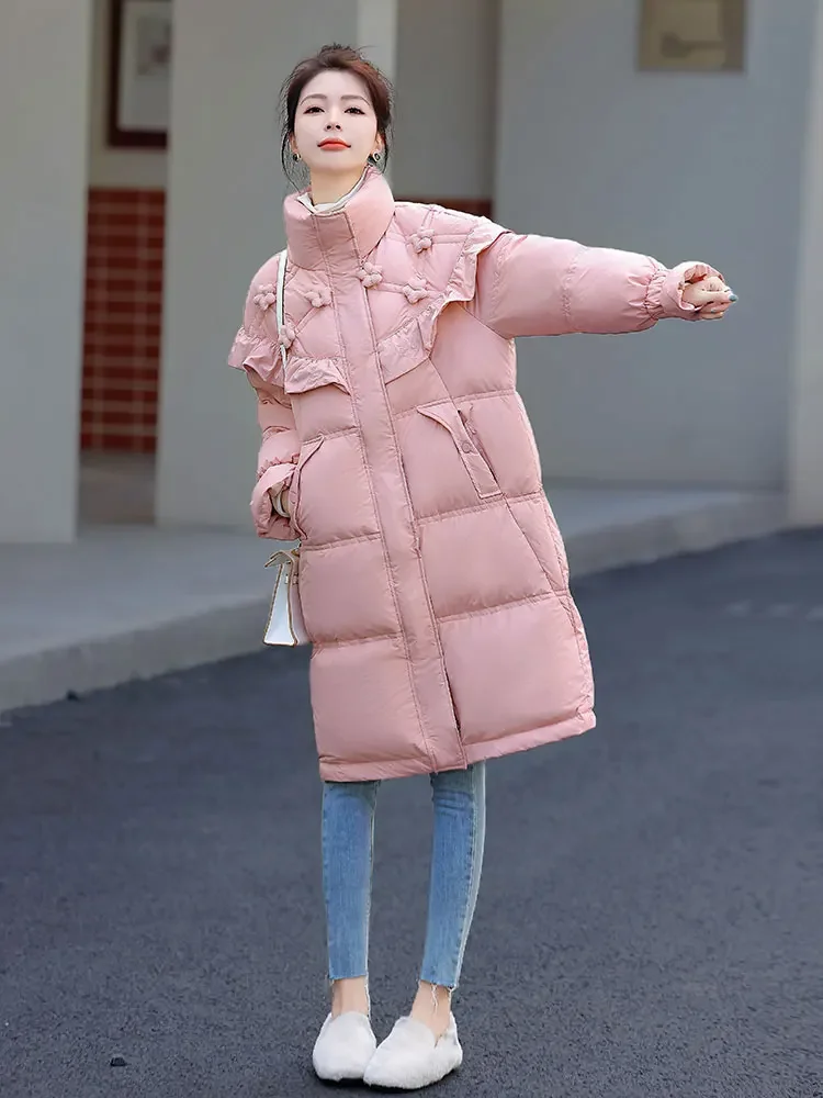 This Year Popular Ruffle Leaf 3D Flower Down Jackets 2024 Winter Women's New Down Coats Solid Color Medium Long Chic Down Jacket