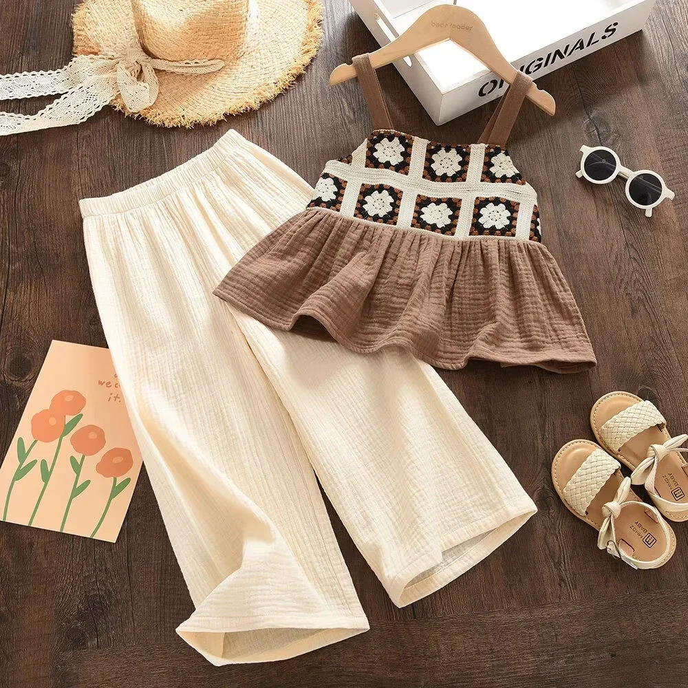 

Girls Suit Summer New Flower Printed Checkered Folded Sleeveless Top and Wide Leg Pants Two Piece Set 3-7 Years Old Kids Clothes