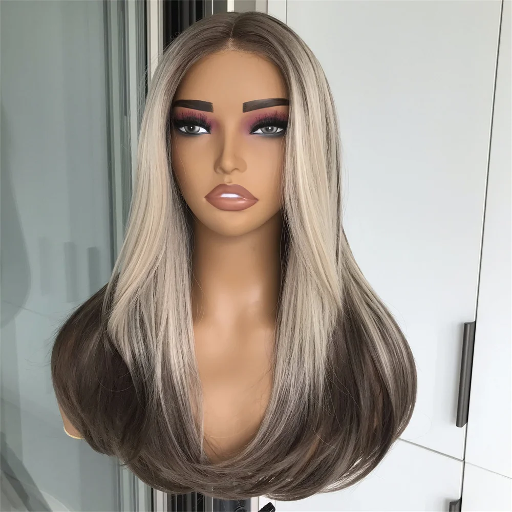 Wear and Go Layered Wig Pre Cut Pre Plucked for Beginner Synthetic Lace Front Wig with Bangs Straight Wigs for Women Highlights