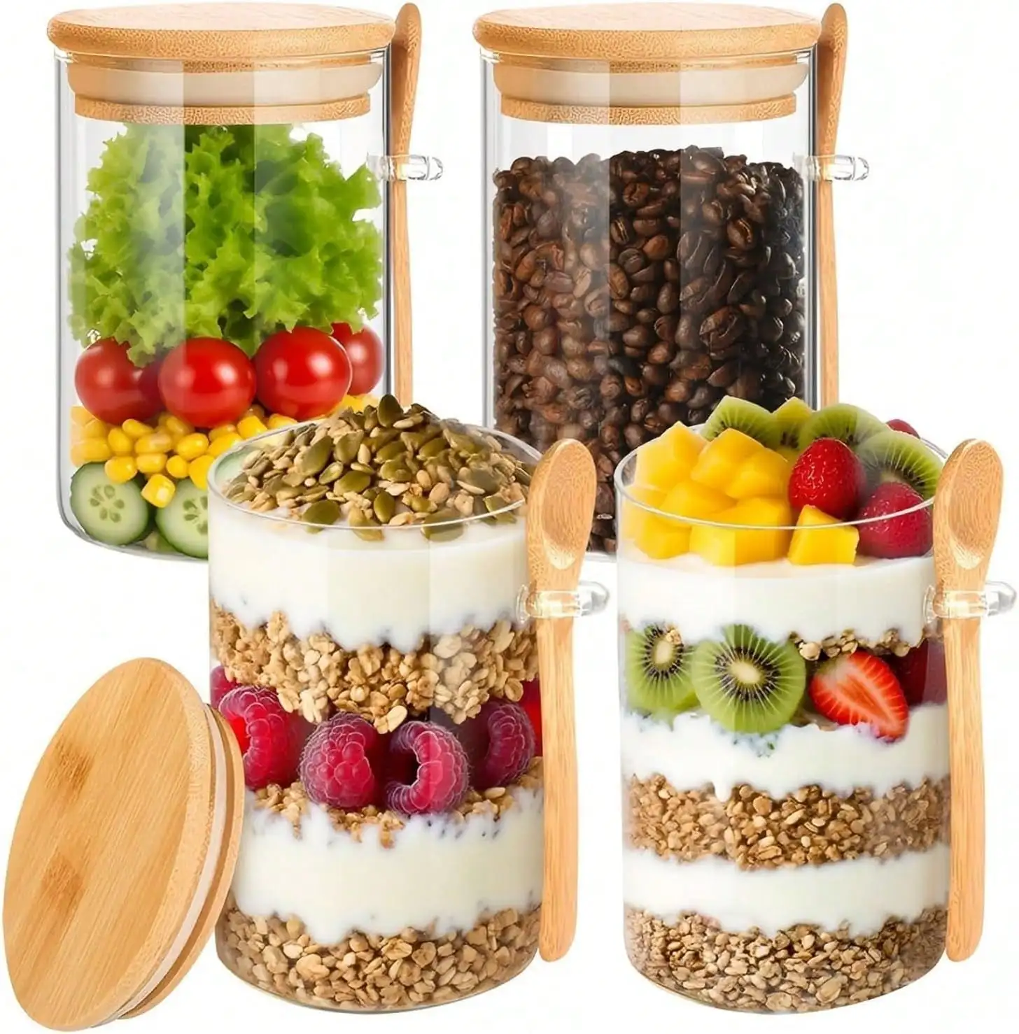 

4 Pack Overnight Oats Containers With Lids And Spoons, 18oz Mason Jars Glass Storage Jars With Wide Mouth, Glass Food Storage Containers For Chia Pudding, Yogurt, Salad, Snacks, And Oatmeal.
