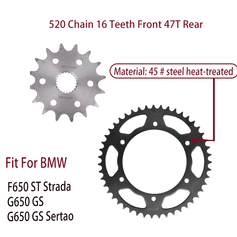 

520 Chain Motorcycle 16T Front 47T Rear Sprocket Kit For BMW F650 ST Strada 1998-2000 G650 GS 2011-2015 G650 GS Sertao 2012-2013