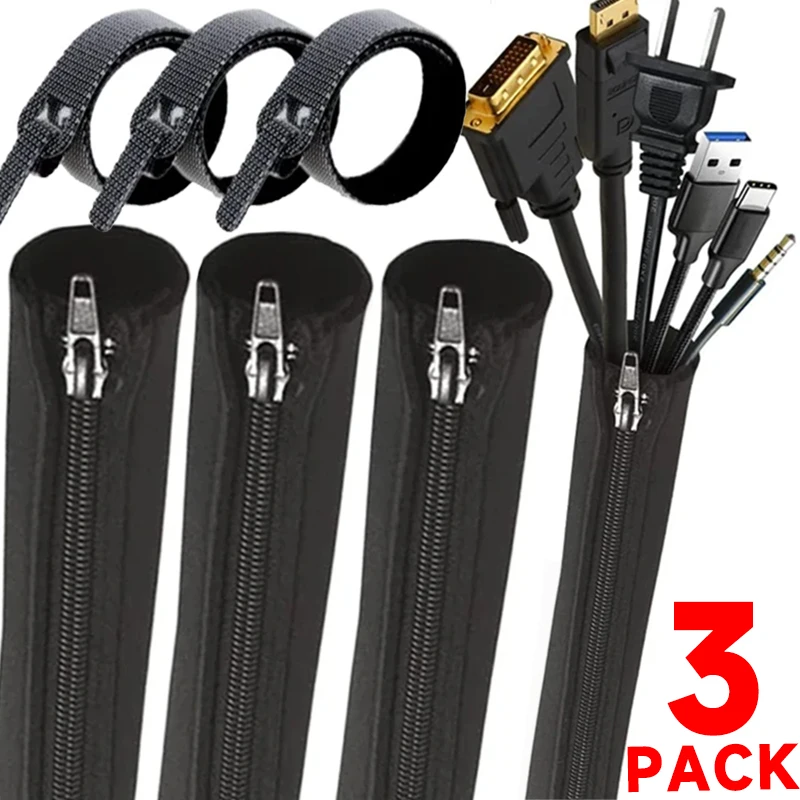 3-1Pcs Zipper Cable Sleeve Nylon Wire Cable Management Organizer Sleeve Wire Protector for PC Computer Cable Management Covers