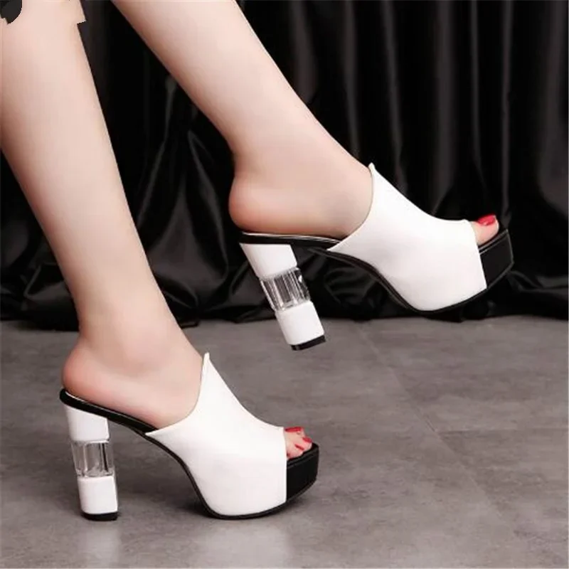 Ladies Leather Sole Slippers Women Sexy High Thick Heel 12cm Mules Black Red White Peep Toe Platform PU Sandals Shoes Breathable