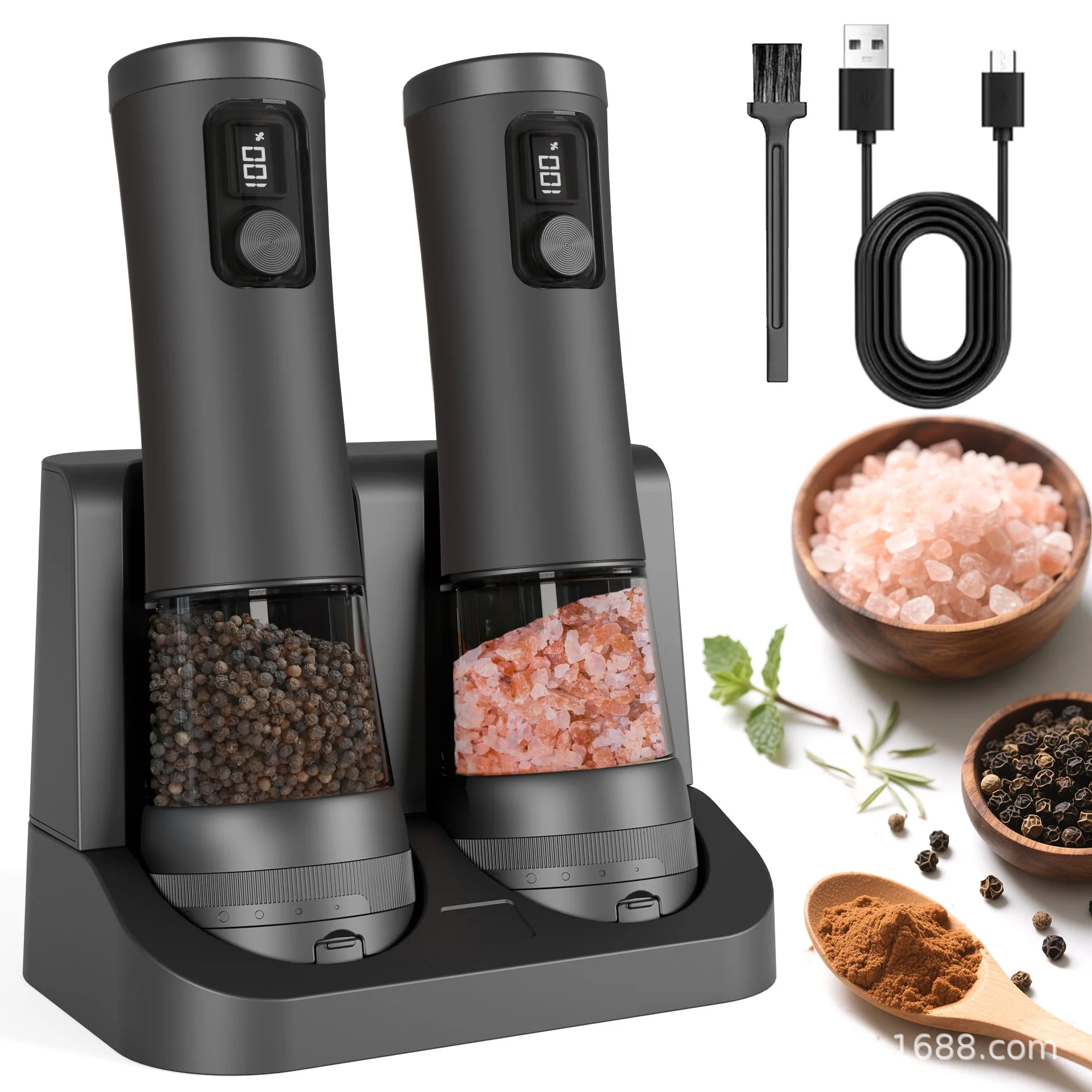 

2pcs Electric Automatic Pepper Salt Grinder LED Electricity Indicator Rechargeable Adjustable Coarseness Spice Mill Kitchen Tool