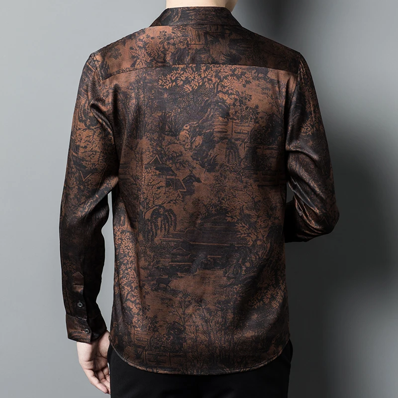 Lightweight Silk Blends Shirts For Men Long Sleeve Print Coolness High-Quality Smooth Comfortable Casual Lapel Camisas De Hombre