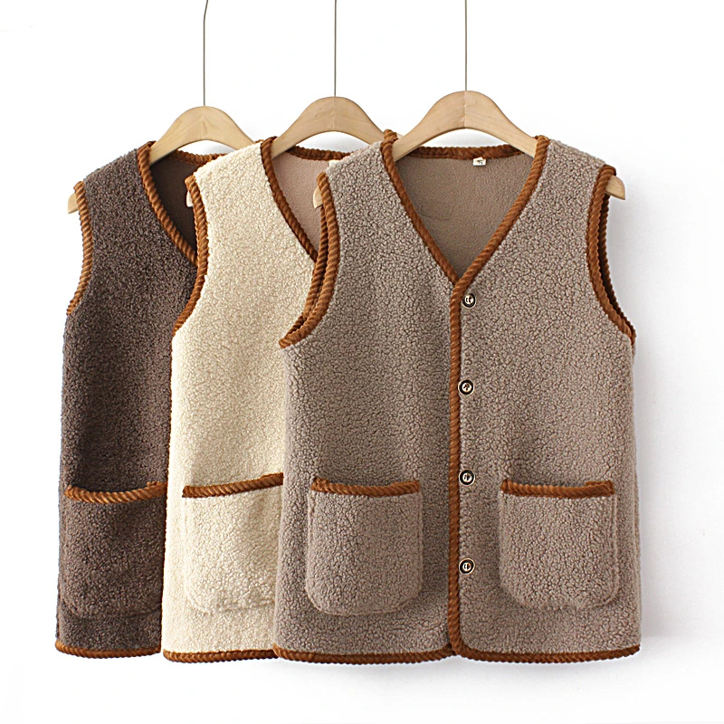 Warm Fleece-Lined Lamb Wool Vest Solid Color V-Neck Middle-Aged And Elderly Women's Outerwear Mother's Attire