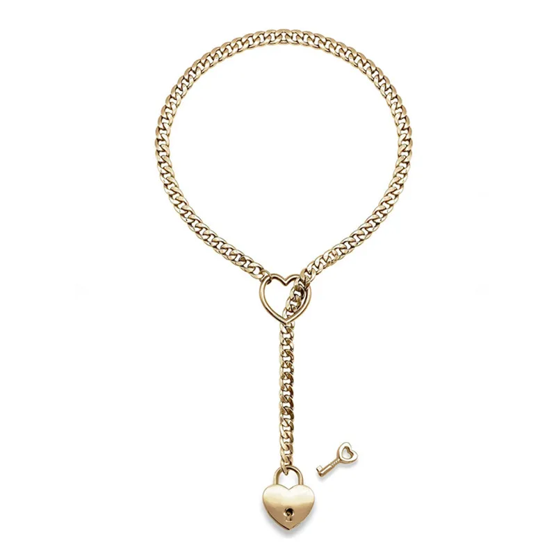 Role play Womens Slip Chain Necklace Heart O-Ring Rock Cuban Cosplay Long Necklace Adjustable Heart Shaped Lock Core With Key image 3