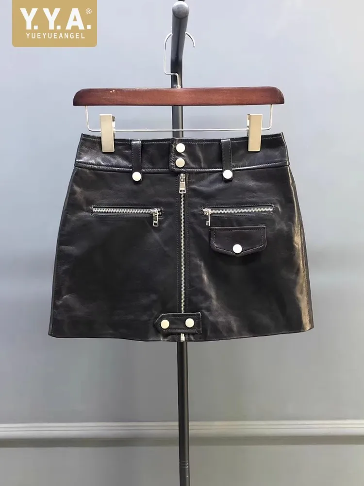 Hot Sexy Women Mini Wrap Skirt Zipper Punk Style Stage Show Sheepskin Genuine Leather Skirts Night Clubwear Slim Fit Cargo Skirt