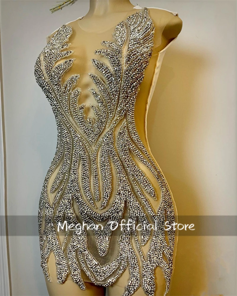 Silver O Neck Short Prom Dresses Black Girl Bead Crystal Rhinestone 2024 Birthday Luxury Dress Party Gown Homecoming Customized