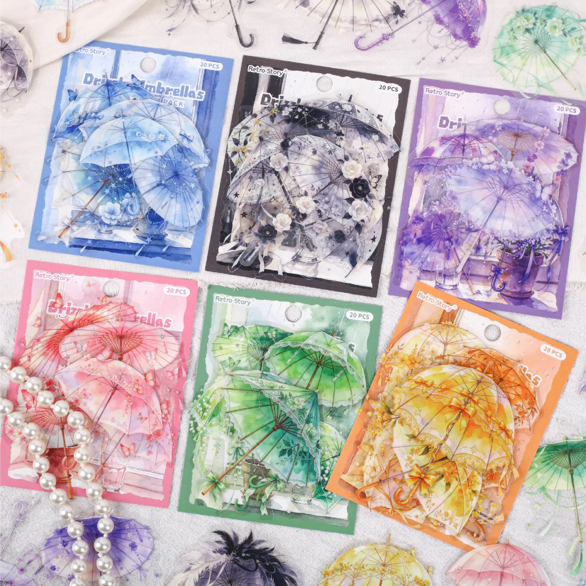 20pcs/1lot Kawaii Scrapbook Stickers Broken Rain Cloud Umbrella Junk Journal Gold Stationery Sticker Planner Decorative