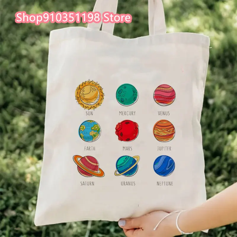 Solar System Planets Canvas Tote Bag for Women 2024 Designer Handbag Lady's Shopper Retro Cartoon Print Girls Shoulder Bag image 4