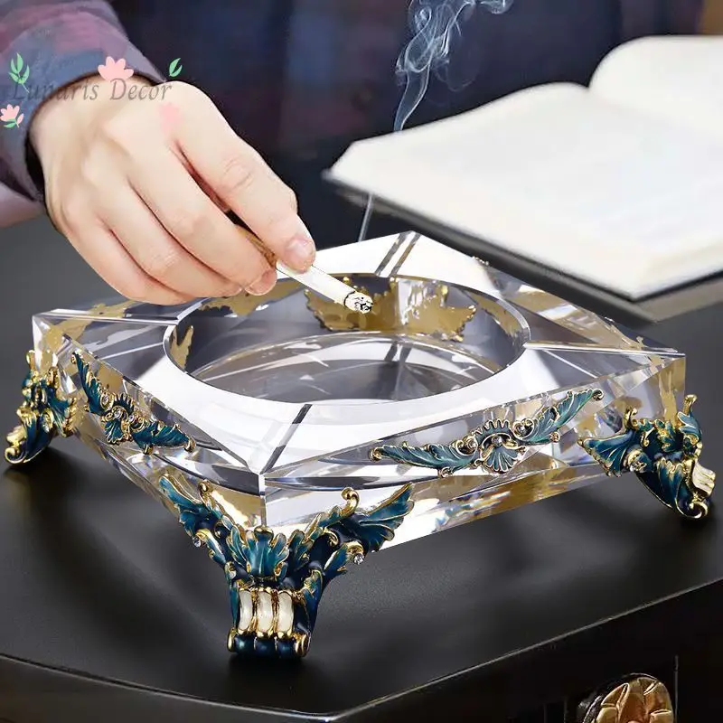 Crystal glass ashtray handmade European high-end room interior American large-capacity engraving ornament luxury light luxury