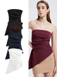 HH Women's Pleated Decorated Asymmetric Off-Shoulder Sleeveless Top Female Fashion Sexy Zipper Streetwear Casual Bandeau Top
