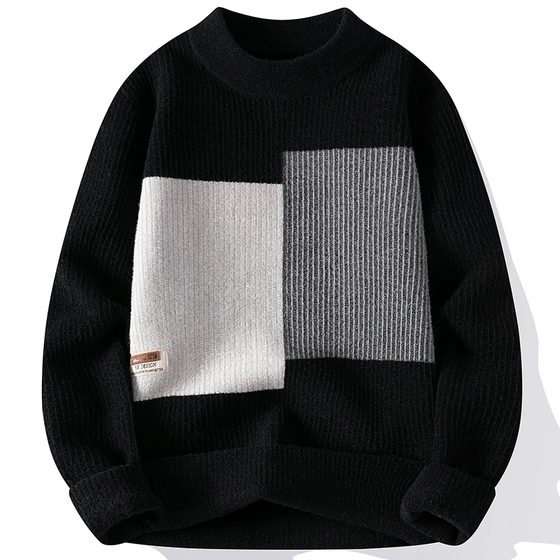 Men Casual Fashion Clothing 2024 Autumn round neck Pullover Men's Slim Fit blocking pattern Sweater Long Sleeve Warm Slim Sweat