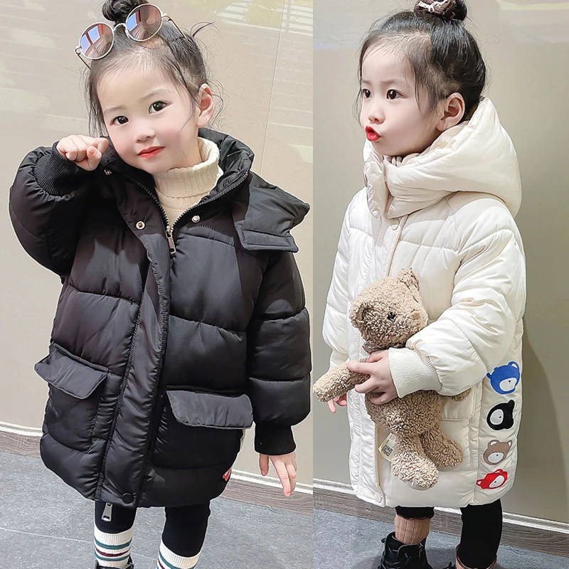 2024 Winter Baby Girls Jacket Long Style Cartoon Bear Print Thick Warm Hooded Outwear For 2-6Y Girls Down Cotton Snow Clothes