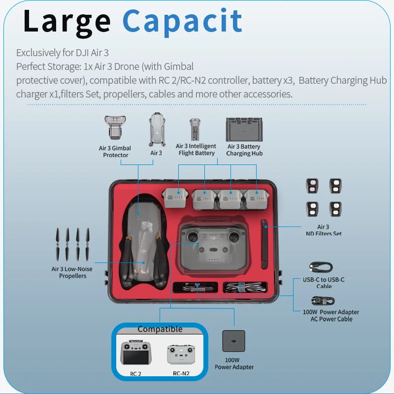 Hard Case for DJI Air 3 Accessories Waterproof Carrying Case for DJI Air 3 Fly More Combo with DJI RC 2/RC-N2 Portable Suitcase