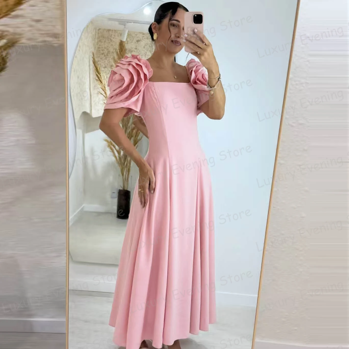 

Simple Pink Evening Dresses Woman Mermaid Sexy 3-D Flowers Prom Gowns Short Sleeve Fashion Party Vestidos De Novia Customized