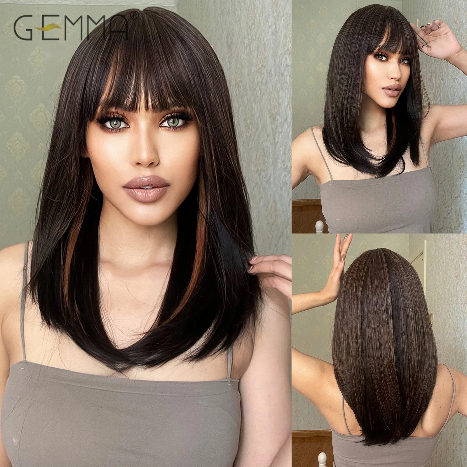 Synthetic Highlight Dark Brown Medium Length Straight Wig with Bangs for Women Heat Resistant Cosplay Daily Use Natural Hair