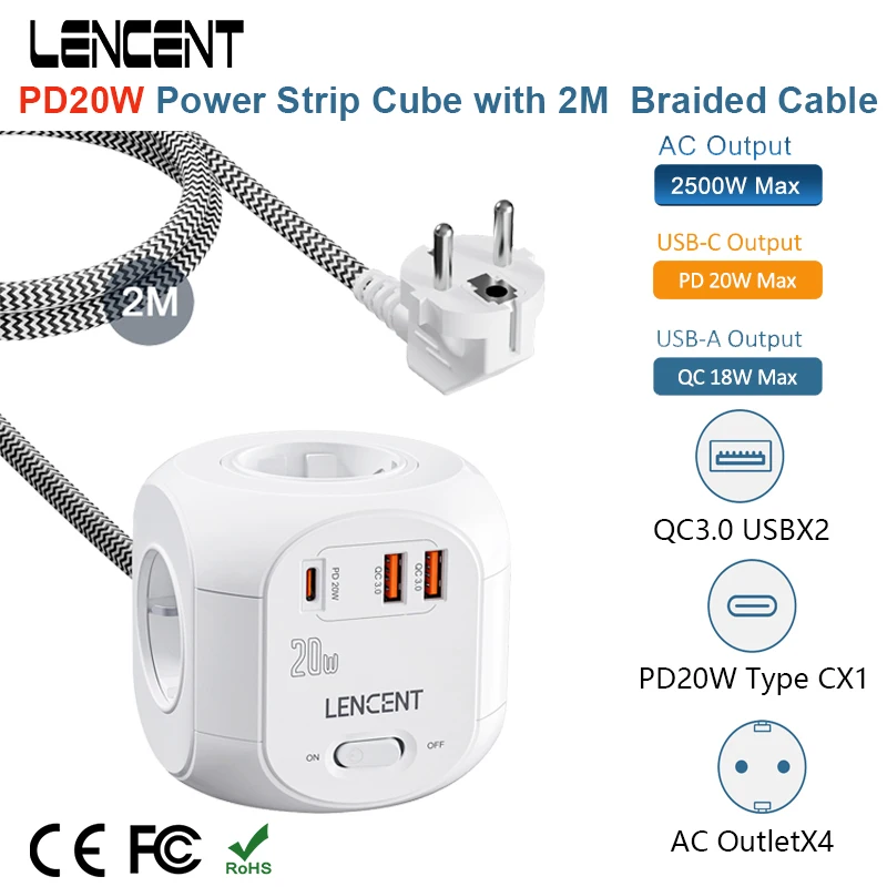 LENCENT Power Strip Cube with 4 AC Outlets +2 QC3.0 USB +1 PD20W Type C 2M/3M Braided Cable Multi Socket with Switch for Home