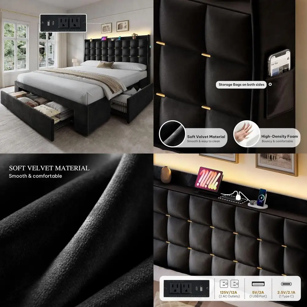 

Queen Size Velvet Bed with 3 Drawers, RGB LED Lights, Charging Station, Storage Board, No Box Spring, Easy Assembly, Noise-Free,