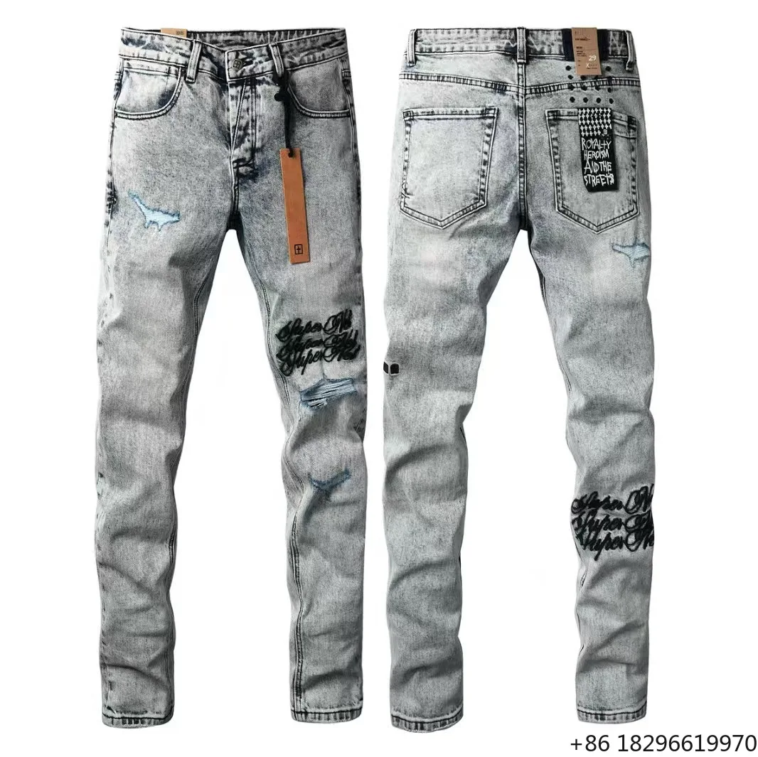 Acid Wash Jeans New Black Hole Blue Jeans Men's American High Street Straight Knitted Denim