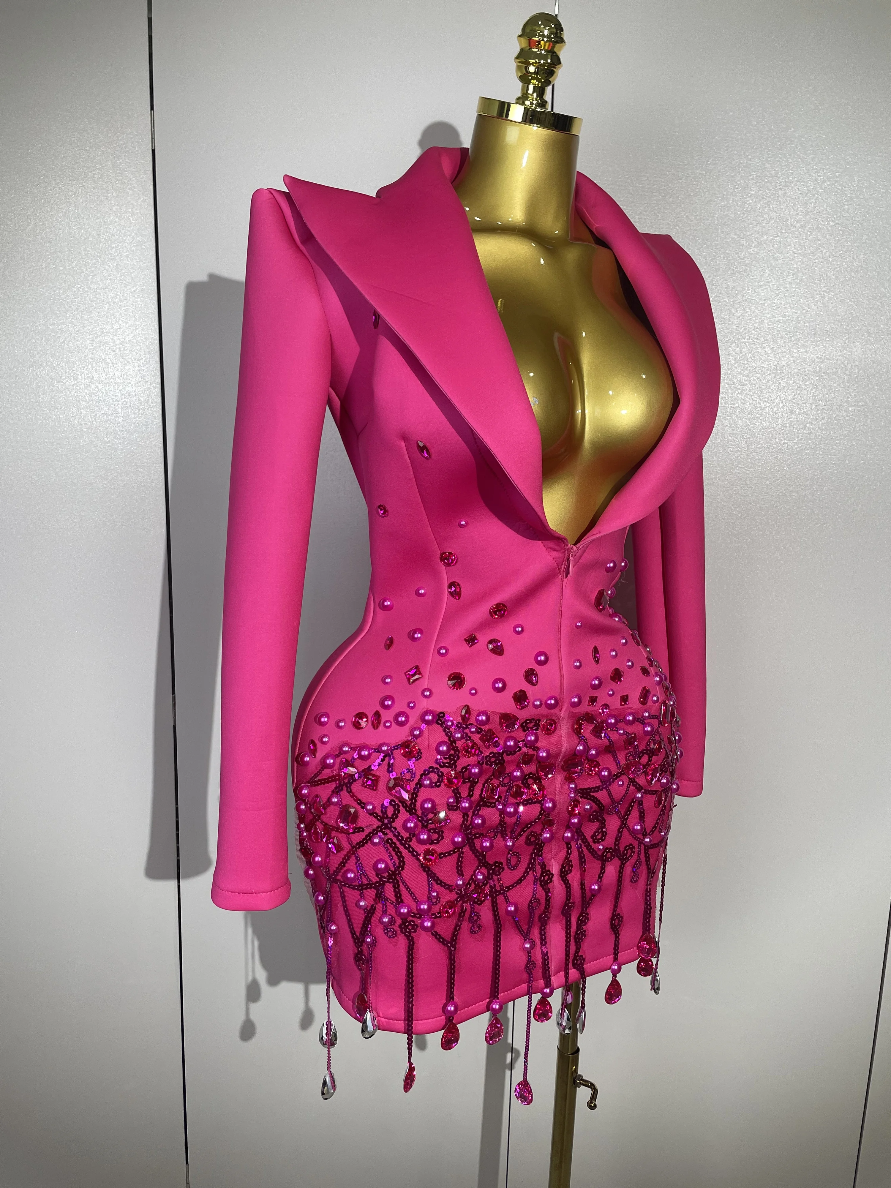 Sparkly Crystal Chains Pearls Long Sleeve Mini Dress 2025 Women Birthday Evening Party Nightclub Outfit Singer Wedding Costume