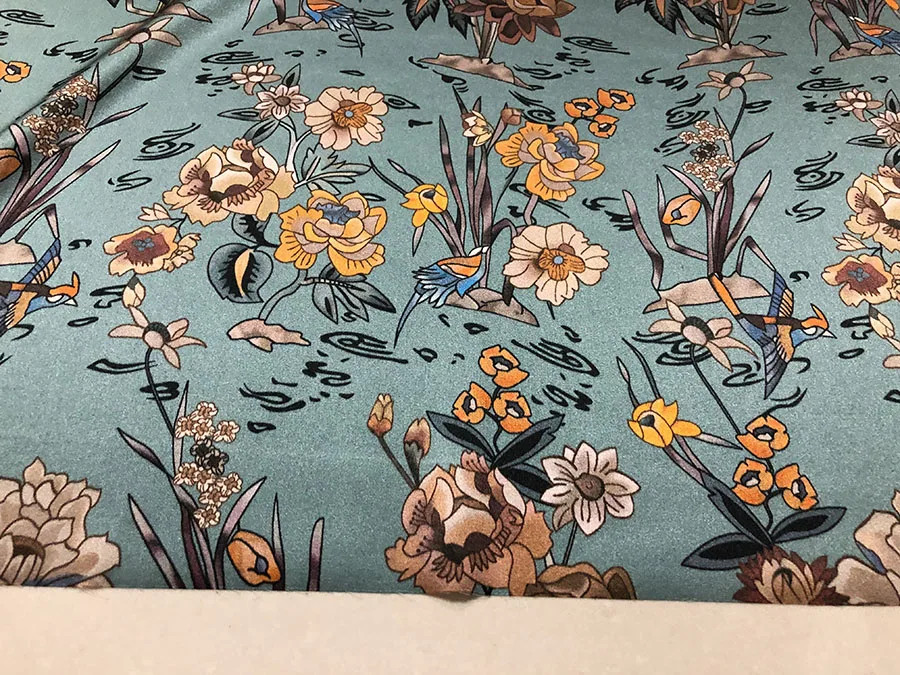 19 Momme High Quality Real Silk Spandex Satin Fashion Cloth Flowers and Birds Digital Inkjet Designer Fabric