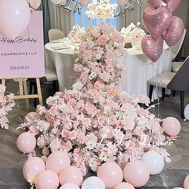

Luxury Pink Color Long Runner Flower Row Wedding Decoration Artificial Flower Ball Welcome sign Decor Table Floral Arrangement