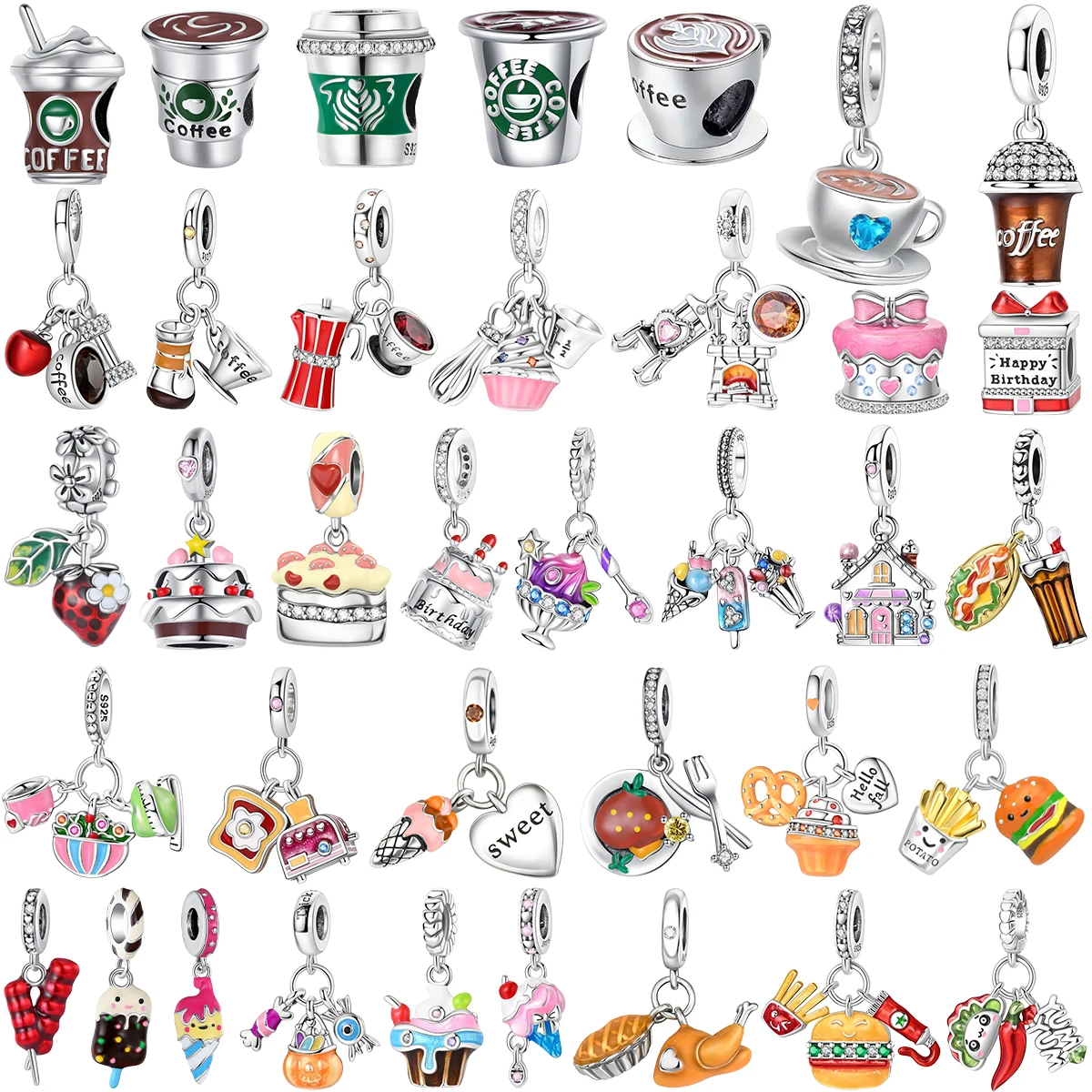 925 Sterling Silber Lebensmittel-Serie Charms Perlen Kaffeetasse Brot Kuchen Eiscreme Anhänger Passend für Armband Halskette Frauen DIY Edle Geschenke