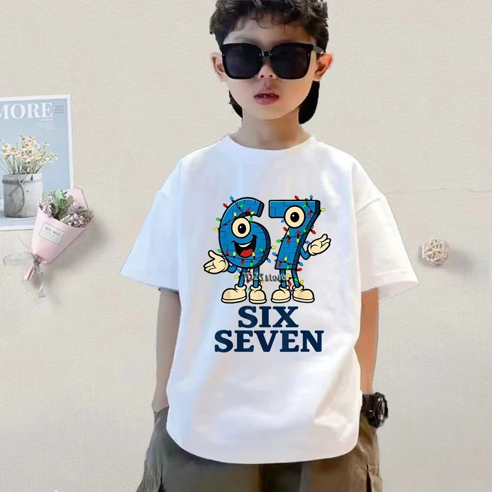 6 7 SIX SEVEN Kids Cotton T-Shirt, Adult Boys Girls Family Matching Casual Tee,Cartoon Monster Number Print Birthday Summer Tops