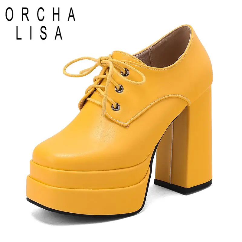 

ORCHA LISA Blue Female Pumps Round Toe 12cm Block Heel 5cm Double Platform Lace Up Big Size 47 48 49 50 Office Lady Daily Shoes