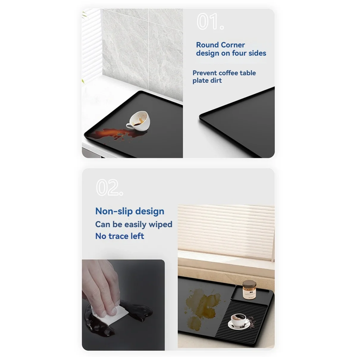 Silicone Coffee Mat 24x16In Coffee Bar Mat with Detachable Dish Drying Mat for Kitchen Countertops Coffee Accessories B-A70Z