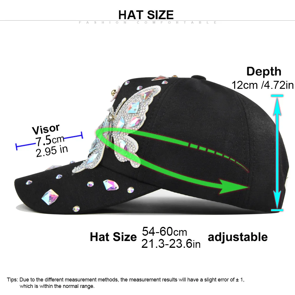 Women's Bling Rhinestone Butterfly Baseball Cap Adjustable Hip Hop Hat
