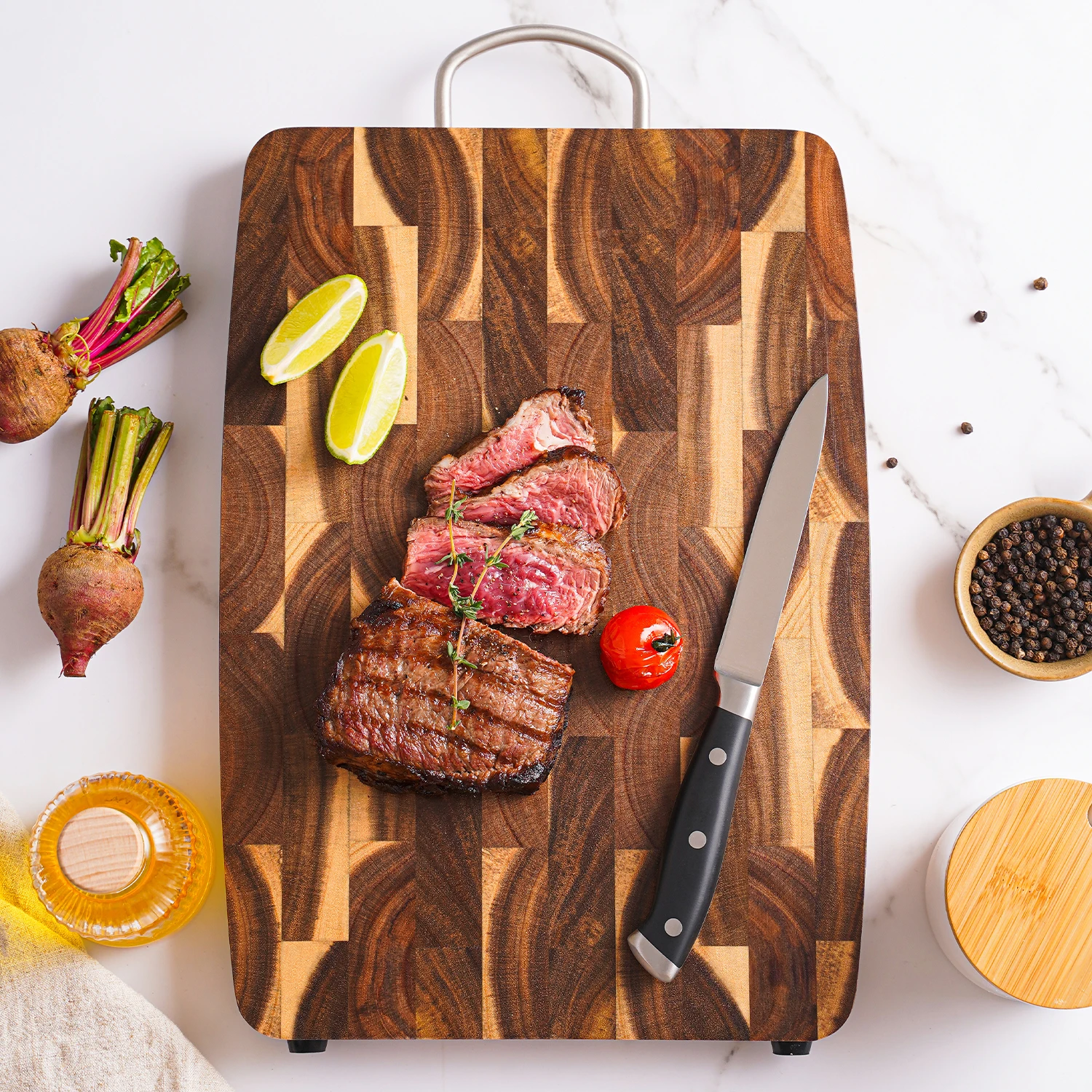 End Grain Butcher Block Premium Acacia Wood Cutting Board Chopping Board for Kitchen with Handle