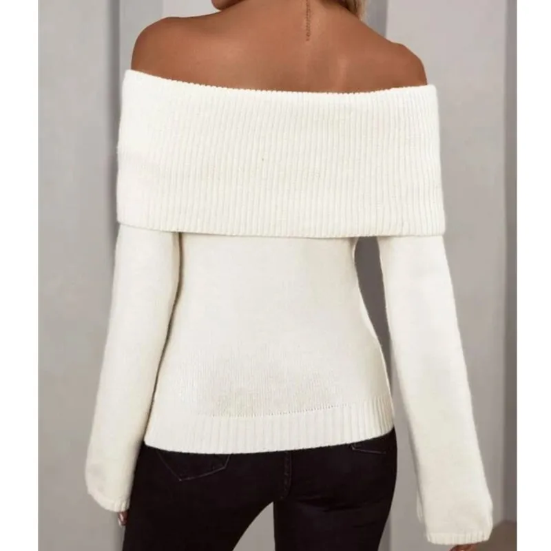 Mode Herfst Vrouwen Off Schouder Trui Lange Mouw Elegant Casual Solid Gebreide Tops Sexy Trui Kleding