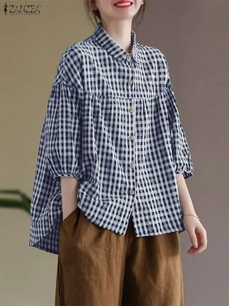 2025年ファッションサマーハーフスリーブシャツ ZANZEA レディース チェック柄ブラウス カジュアルボタンアップトップス ラペルネックブラウス ヴィンテージシャツ
