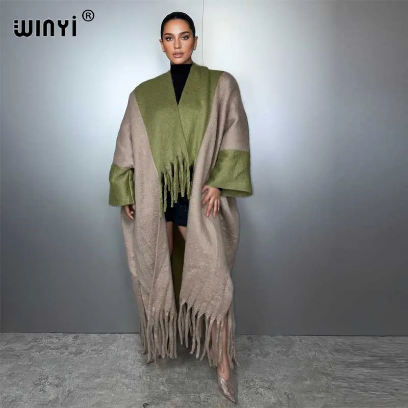 

WINYI Winter Women cardigan Solid color abaya dubai luxury Fur Neutral coat Loose cardigan over poncho tassels jacket kimono