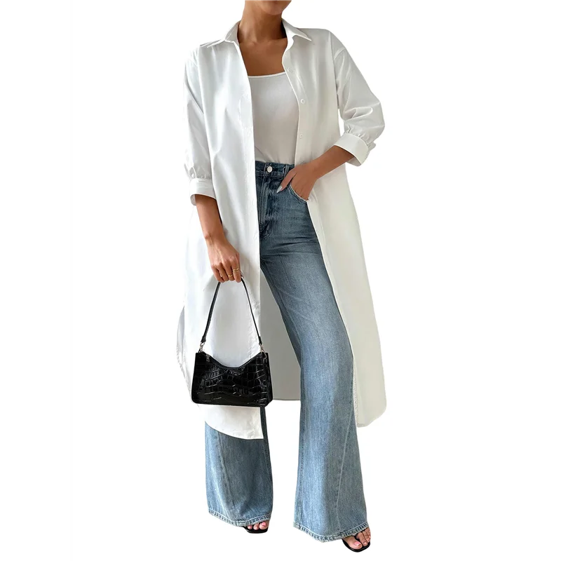 

FX-Женские повседневные рубашки на пуговицах со средними рукавами, однотонные длинные блузки с лацканами, топы