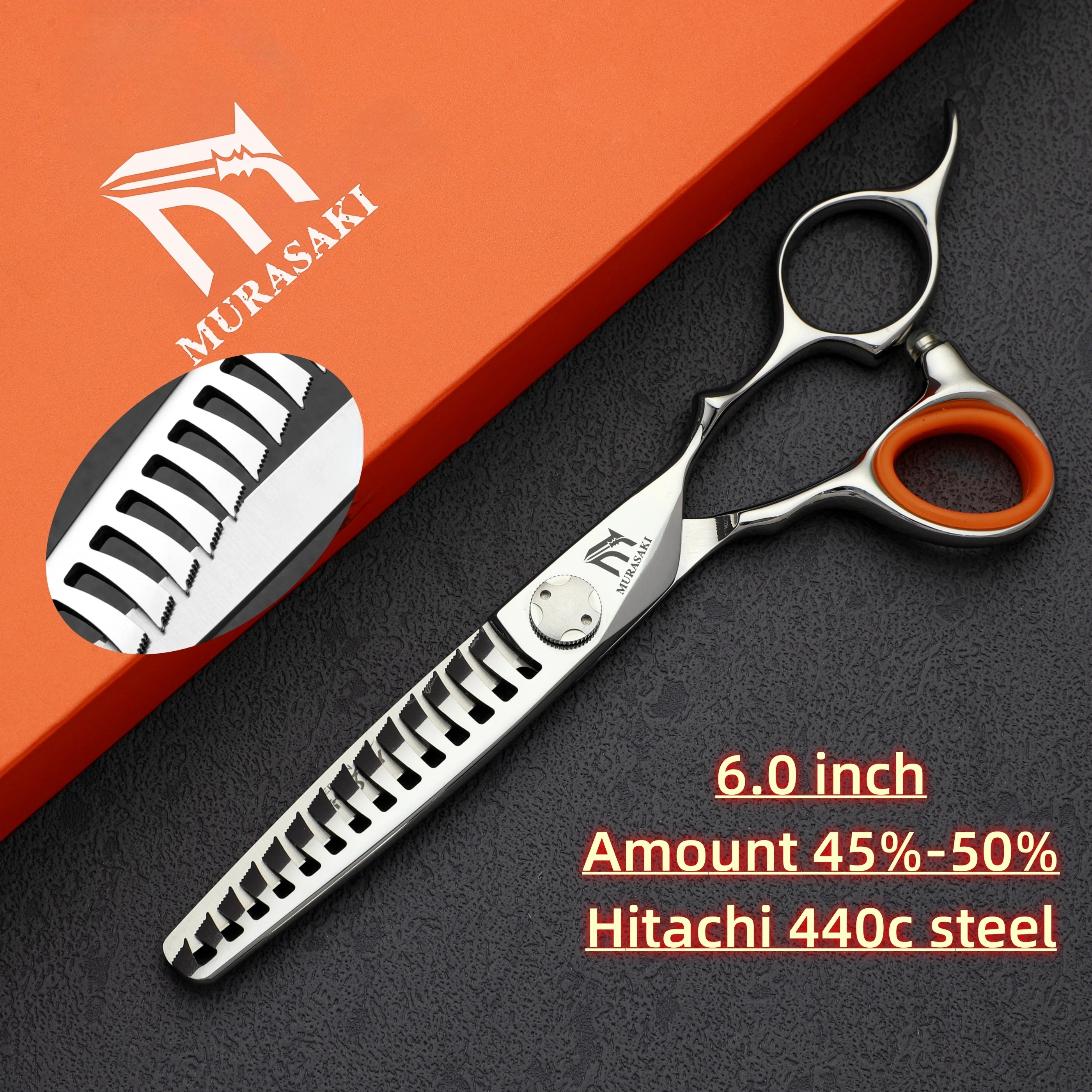 MURASAKI 6-Zoll-Professionsschere mit umgekehrten Zähnen zum Ausdünnen, Hitachi 440C-Stahl-Friseurschere, hochwertige Haarschneidemaschine – Detail 21