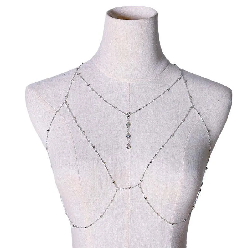 Shiny Zircon Tassel Sexy Beach Wedding Accessories Women Bra Crossover Bikini Inner Cutout Body Chain Thin Chest Chain for Girls view 4