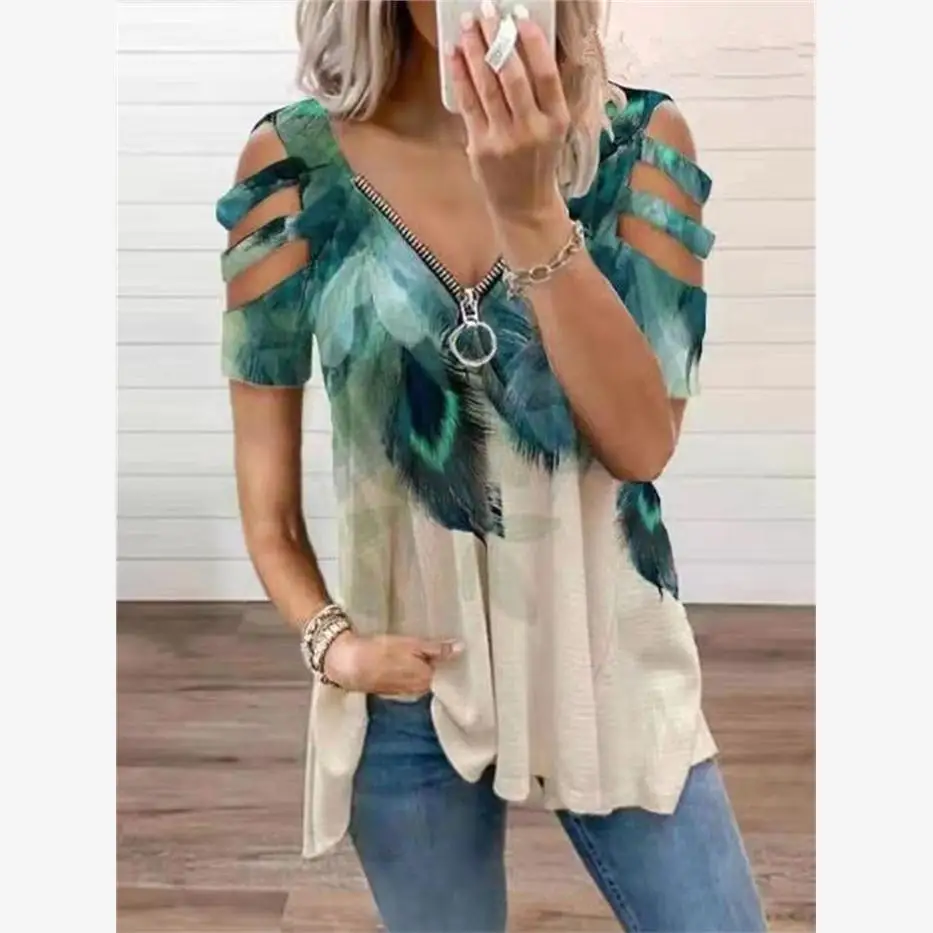 قميص نسائي صيفي كاجوال بمقاسات كبيرة حتى S5XL، توب مطبوع بأسلوب الشارع، ياقة على شكل V، أكمام قصيرة، نقشات زهور وهندسية